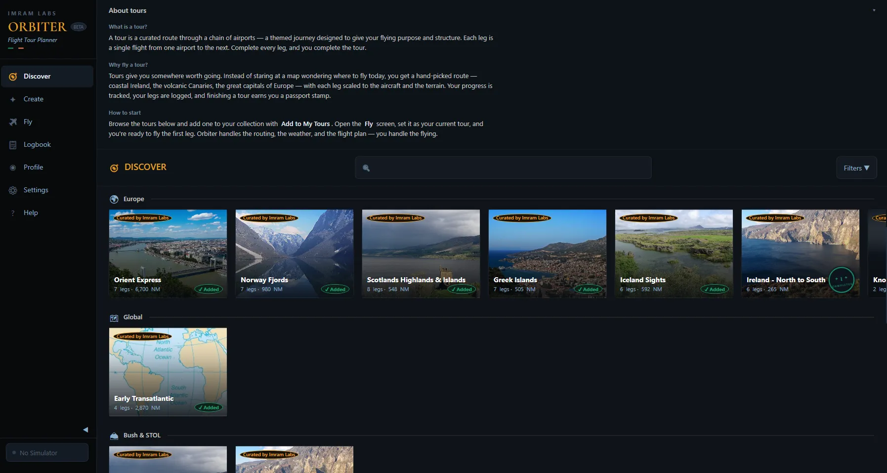 Orbiter Discover screen — browse curated tours by region, aircraft, and style