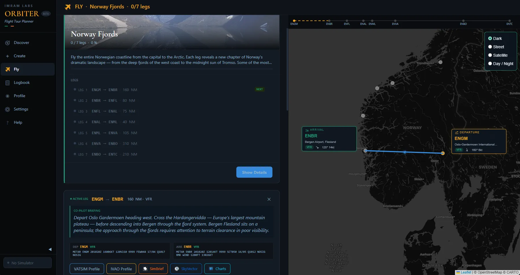 Orbiter main screen showing live aircraft tracking, weather briefing, and tour progress in one view
